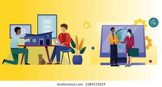 This vector set presents a collection of office space scenes illustrations, featuring various workplace environments and scenarios