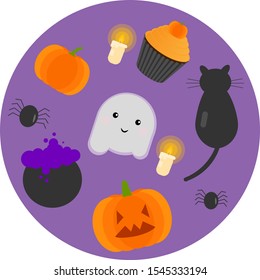 This is vector set of pumpkin, candle, spider, cupcake, cat, ghost, cauldron.