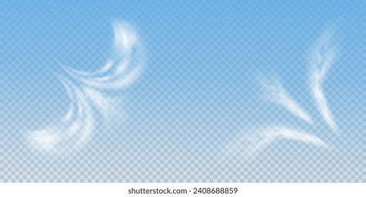 This is a vector set of realistic powder or mist sprays, aerosol trails and bursting vapour splashes. Festive wind, Christmas spotted, cold air. Smoke from car wheels, smoke from explosions.