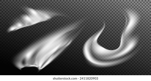 This is a vector set of realistic powder or mist sprays, aerosol trails and bursting vapour splashes. Festive wind, Christmas spotted, cold air. Smoke from car wheels, smoke from explosions.