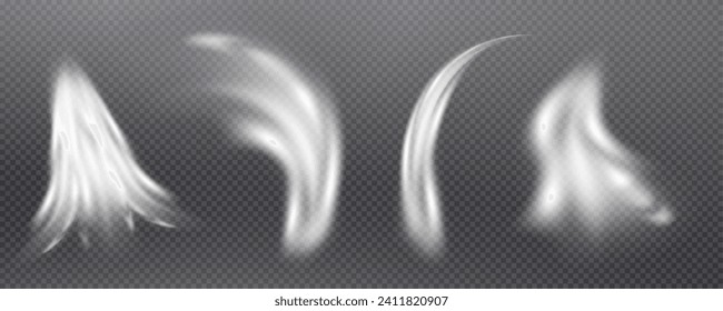 This is a vector set of realistic powder or mist sprays, aerosol trails and bursting vapour splashes. Festive wind, Christmas spotted, cold air. Smoke from car wheels, smoke from explosions.