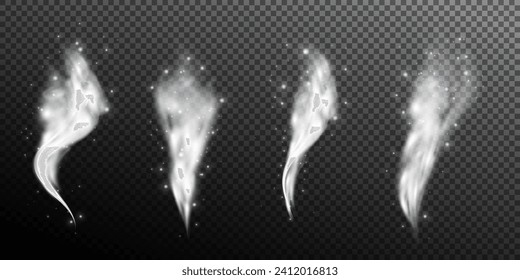 This is a vector set of realistic powder or mist sprays, aerosol trails and bursting vapour splashes. Festive wind, Christmas spotted, cold air. Smoke from car wheels, smoke from explosions.