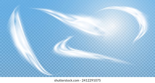 This is a vector set of realistic powder or mist sprays, aerosol trails and bursting vapour splashes. Festive wind, Christmas spotted, cold air. Smoke from car wheels, smoke from explosions.