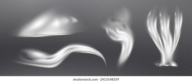 This is a vector set of realistic powder or mist sprays, aerosol trails and bursting vapour splashes. Festive wind, Christmas spotted, cold air. Smoke from car wheels, smoke from explosions.