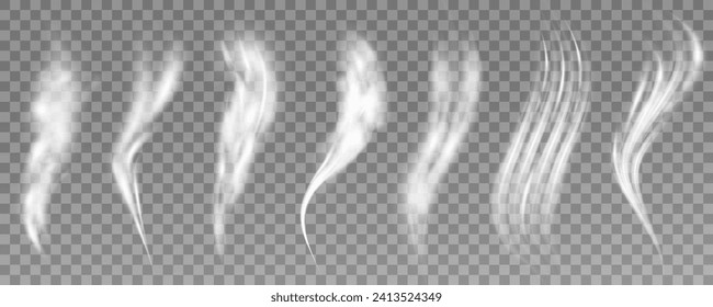 This is a vector set of realistic powder or mist sprays, aerosol trails and bursting vapour splashes. Festive wind, Christmas spotted, cold air. Smoke from car wheels, smoke from explosions.