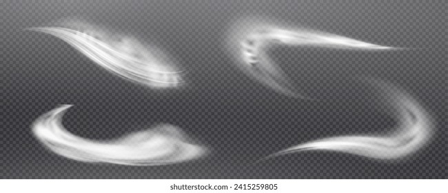 This is a vector set of realistic powder or mist sprays, aerosol trails and bursting vapour splashes. Festive wind, Christmas spotted, cold air. Smoke from car wheels, smoke from explosions.