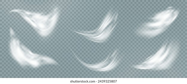 This is a vector set of realistic powder or mist sprays, aerosol trails and bursting vapour splashes. Festive wind, Christmas spotted, cold air. Smoke from car wheels, smoke from explosions.