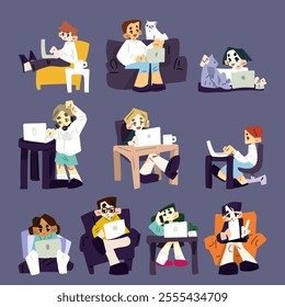 This vector set showcases stylish characters working remotely in relaxed settings, ideal for illustrating remote work, freelancing, online education, productivity, and modern work-from-home lifestyles