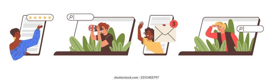 This vector set shows young girls and boys peeping on their devices. They show curiosity and joy by interacting with the Internet in a fun illustration.