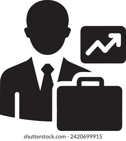 This vector showcases a black and white icon of a business professional with a briefcase and an upward trending graph. 