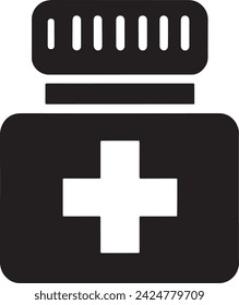 This vector showcases a minimalist black and white icon of a medicine bottle with a secure lid and a bold plus sign, symbolizing health, pharmacy, and accessibility to medical treatments.