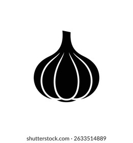 This vector showcases a minimalist garlic icon with clean lines and a contemporary shape. It features a simple, bold black design on transparent backdrop.