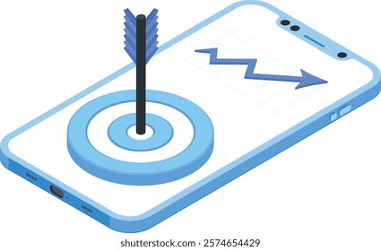 This vector showcases a smartphone with a bullseye target and an arrow pointing towards it, representing the strategic planning and execution required for successful mobile marketing campaigns.