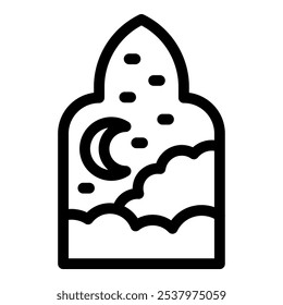 This vector is showing the night sky with the crescent moon and clouds through a mosque window frame