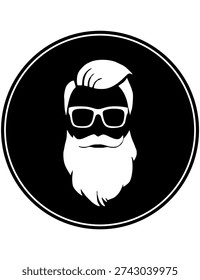 This vector shows a black circular barber logo with a stylised bearded man illustration. The design is suitable for barbershops, grooming brands, and hair salon identity. Barber logo and branding illustration.