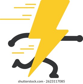 This vector shows a black stick figure running with a yellow lightning bolt representing speed and energy, designed with simple shapes and flat colors for a dynamic feel.
