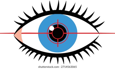 This vector shows a blue eye with bold eyelashes and a red crosshair target symbol centered on the pupil representing focus and vision clarity. Clear and modern design, precise mood.