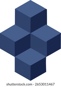 Este vetor mostra um aglomerado isométrico azul de cinco cubos dispostos em um padrão cruzado, usando tons azuis escuros e médios com sombreamento plano para uma aparência moderna limpa. Calma e minimalista.