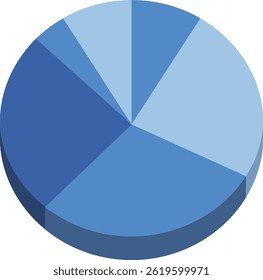 Este vetor mostra um gráfico de pizza azul dividido em vários segmentos com sombreamento 3D para impacto visual, representando claramente a distribuição de dados em um estilo moderno. Informativo e limpo.