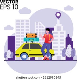 This vector shows a boy booking a taxi in the city using a mobile app. Perfect for ride-hailing, transport, and urban lifestyle designs.