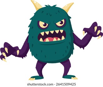 This vector shows a cartoon green furry monster with purple arms, legs, and yellow horns, displaying an angry face and clawed hands in a playful fantasy style. Fun and quirky.