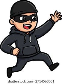 This vector shows a cartoon thief character in black hoodie, mask, and beanie jumping with a cheerful expression, capturing playful action and energetic mood.