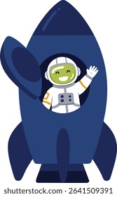 This vector shows a cheerful astronaut waving from a blue rocket, symbolizing space travel and exploration with a playful and optimistic mood.