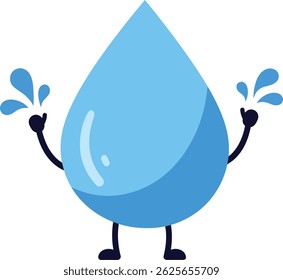 This vector shows a cheerful blue water drop character with arms and legs splashing water, conveying freshness and fun in a clean cartoon style. Bright and lively.