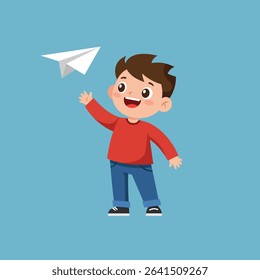 This vector shows a cheerful boy wearing a red shirt and blue jeans playing with a white paper airplane against a plain blue background, capturing a playful and joyful mood.