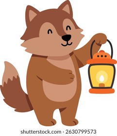 This vector shows a cheerful brown fox holding a bright orange lantern, emitting warm light in a simple cartoon style. The mood is playful and friendly.