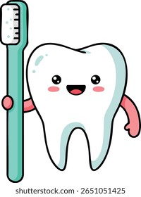 This vector shows a cheerful tooth character holding a blue toothbrush, promoting dental hygiene and oral care in a friendly and approachable style. The mood is uplifting.
