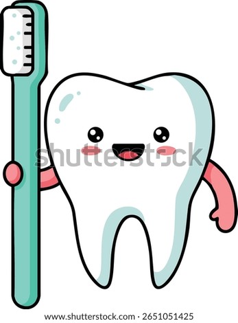 This vector shows a cheerful tooth character holding a blue toothbrush, promoting dental hygiene and oral care in a friendly and approachable style. The mood is uplifting.
