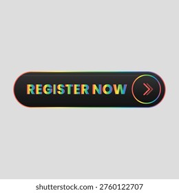 This vector shows a colorful register now button with a rainbow design and a call to action. The button is likely used on a website or landing page to encourage users to sign up or join a service, product, or event. The vibrant colors and bold design are eye-catching and attention-grabbing, making it more likely for users to interact with the button and take action. The button's design is also suitable for use in various marketing and advertising materials, such as banners, ads, and social media posts.