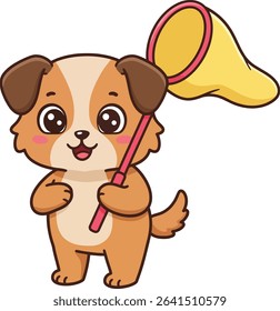 This vector shows a cute brown puppy standing and holding a yellow butterfly net, expressing playful and joyful mood in cartoon style. Cheerful and lively.
