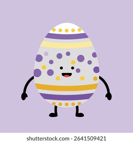 This vector shows a cute Easter egg character decorated with purple and yellow dots and stripes on a pastel purple background. The egg has arms, legs, and a happy expression. Cheerful mood.
