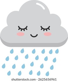 This vector shows a cute gray cloud with closed eyes and blue raindrops falling gently. It represents rainy weather with a calm and peaceful mood.