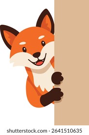 This vector shows a cute red fox peeking from behind a beige board with a happy and friendly expression, creating a warm and approachable mood.