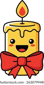 This vector shows a cute smiling candle with a red bow and a burning flame in kawaii style, perfect for celebration and decoration, radiating a cheerful mood.