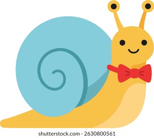 This vector shows a cute snail with a blue shell and a red bow tie, smiling and facing forward on a white background. The style is simple and playful, cheerful mood.