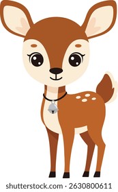 This vector shows a cute young deer with a bell collar standing calmly. The illustration uses soft brown and beige colors. The mood is gentle and friendly.