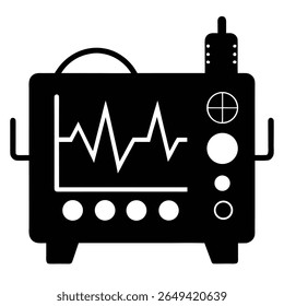 Este vetor mostra um dispositivo de ECG exibindo uma linha de ritmo cardíaco. O equipamento tem uma alça, um botão, uma tela e alguns recursos adicionais no topo.