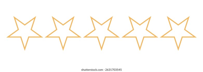 This vector shows five simple gold stars with an outline, displayed evenly, and arranged in a horizontal row over a clean, transparent backdrop to enhance visibility.