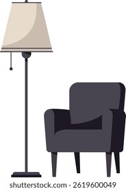 Este Vector muestra una lámpara de pie con un tono beige junto a un sillón de color oscuro, que representa el confort moderno del hogar y el estilo de diseño interior. Tranquilo y acogedor.