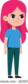This vector shows a girl with pink hair and a blue shirt standing with an angry expression, conveying strong emotion through simple colorful design. Mood is intense.