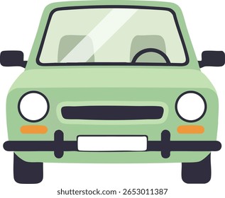 Este vetor mostra um carro verde pela frente com formas simples e destaques pretos. Possui um para-brisa claro e faróis redondos, criando um humor limpo e minimalista.