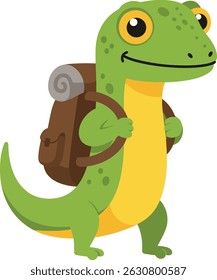 Este vetor mostra um lagarto verde carregando uma mochila marrom, de pé com uma expressão alegre, simbolizando aventura e viagem em um estilo divertido. Humor alegre.