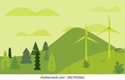 This vector shows a green nature seen with hills and mountains. There is a forest with trees. There are two wind turbines among some shrubs and plants.