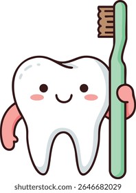 This vector shows a happy tooth character holding a green toothbrush, symbolizing dental hygiene and oral care with a friendly and positive mood.