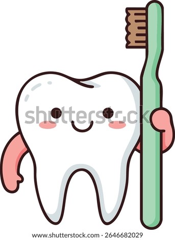 This vector shows a happy tooth character holding a green toothbrush, symbolizing dental hygiene and oral care with a friendly and positive mood.