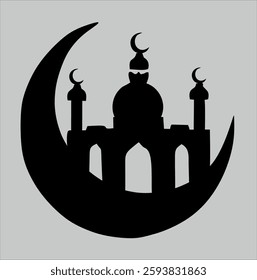 This vector shows an illustration of a mosque with a large dome in the center and four minarets around it. The mosque is surrounded by a circular crescent shape